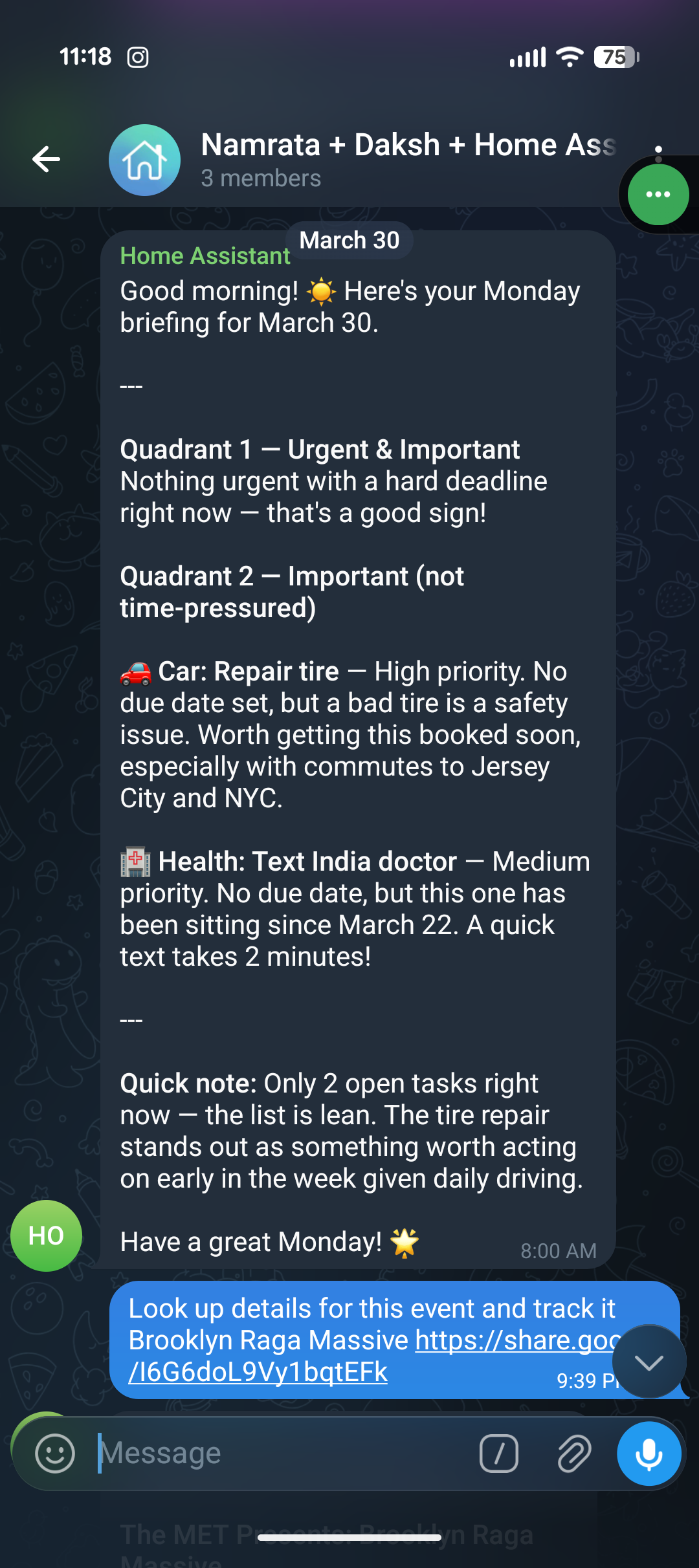 Household Assistant — Telegram conversation